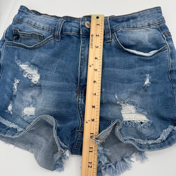 Kancan Jean Shorts Womens 7* Blue Denim Stretch Distressed Mid Rise Cut Off - Picture 10 of 11